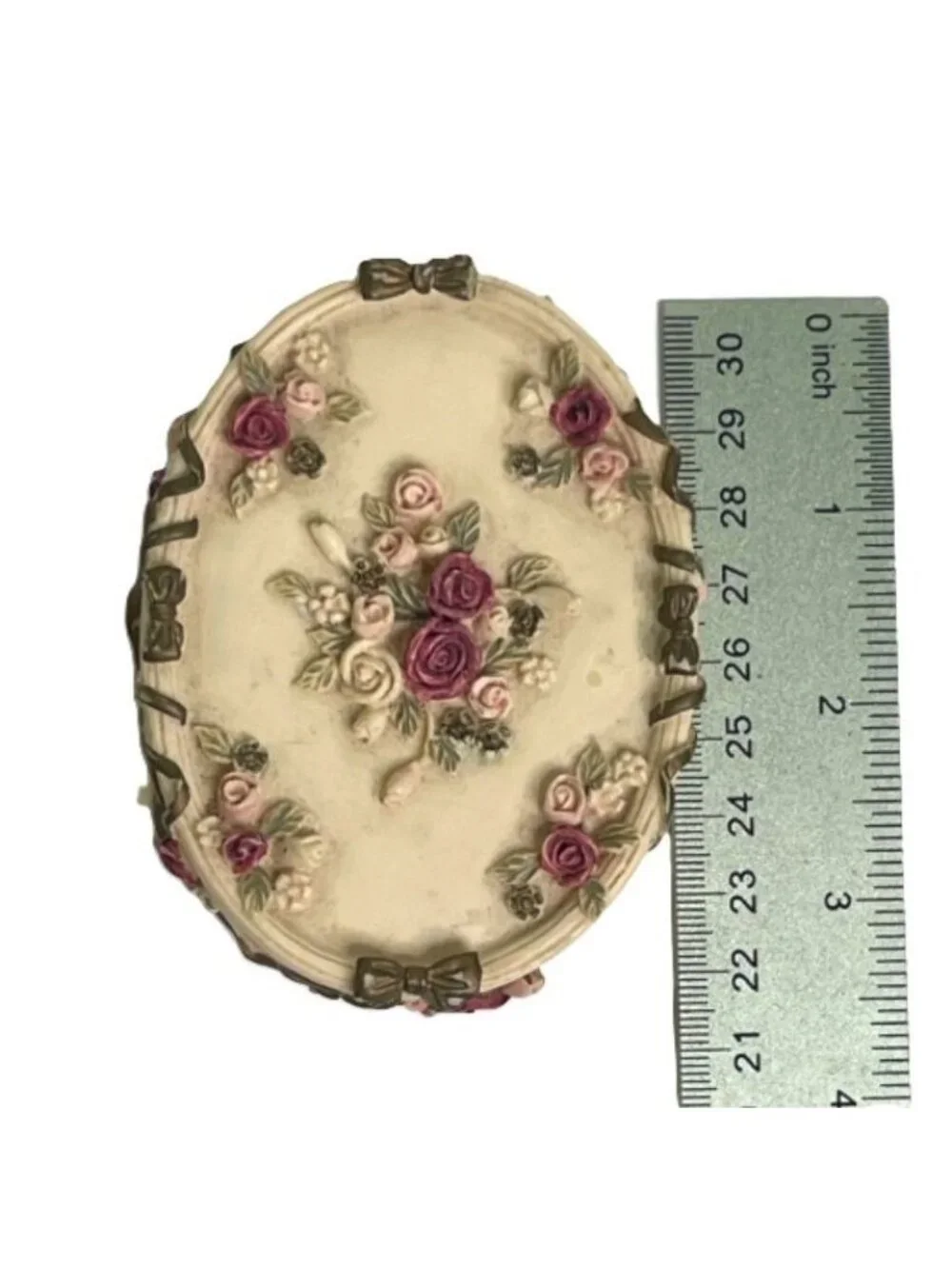 Vintage Dezine Hand Painted Resin Trinket Box Raised Floral 1993 Cake Style
